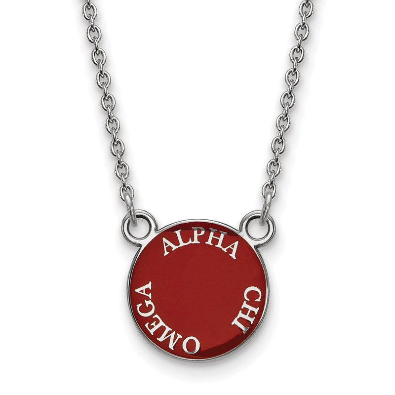 Sterlingsilber Rhodiniert Logoart Alpha Chi Omega Sorority Text Klein Farbe Emaille Anhänger 18 Zoll Halskette