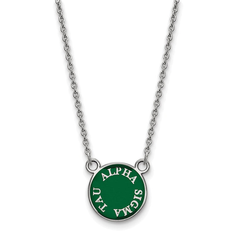 Sterlingsilber Rhodiniert Logoart Alpha Sigma Tau Extra Sorority Text Klein Farbe Emaille Anhänger 18 Zoll Halskette