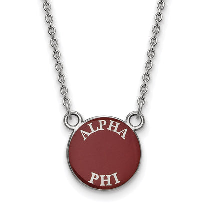 Sterlingsilber Rhodiniert Logoart Alpha Phi Sorority Text Klein Farbe Emaille Anhänger 18 Zoll Halskette