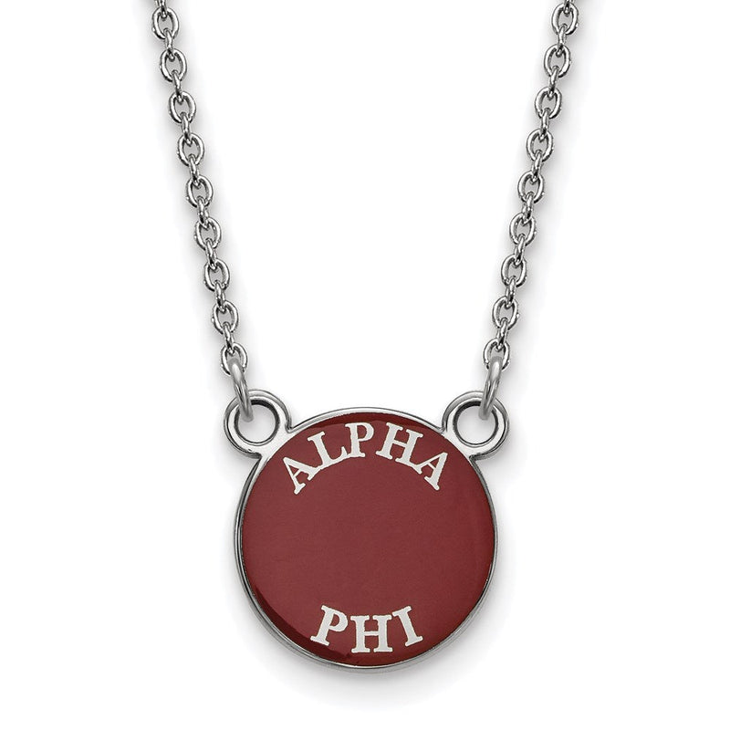 Sterlingsilber Rhodiniert Logoart Alpha Phi Sorority Text Klein Farbe Emaille Anhänger 18 Zoll Halskette