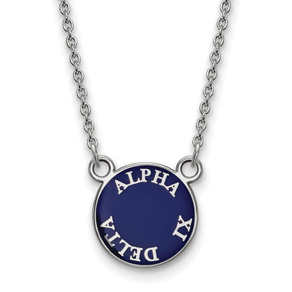 Sterlingsilber Rhodiniert Logoart Alpha Xi Delta Sorority Text Klein Farbe Emaille Anhänger 18 Zoll Halskette