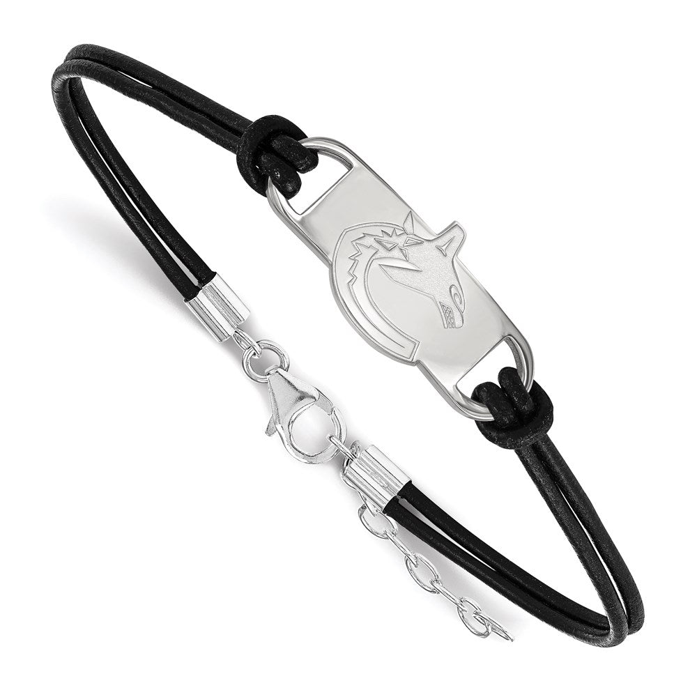 Sterlingsilber Rhodiniert Nhl Logoart Vancouver Canucks Klein Mittig Schwarz Leder 7 Zoll Armband mit Verlängerung