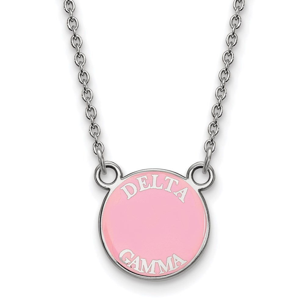 Sterlingsilber Rhodiniert Logoart Delta Gamma Sorority Text Klein Farbe Emaille Anhänger 18 Zoll Halskette