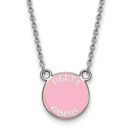 Sterlingsilber Rhodiniert Logoart Delta Gamma Sorority Text Klein Farbe Emaille Anhänger 18 Zoll Halskette