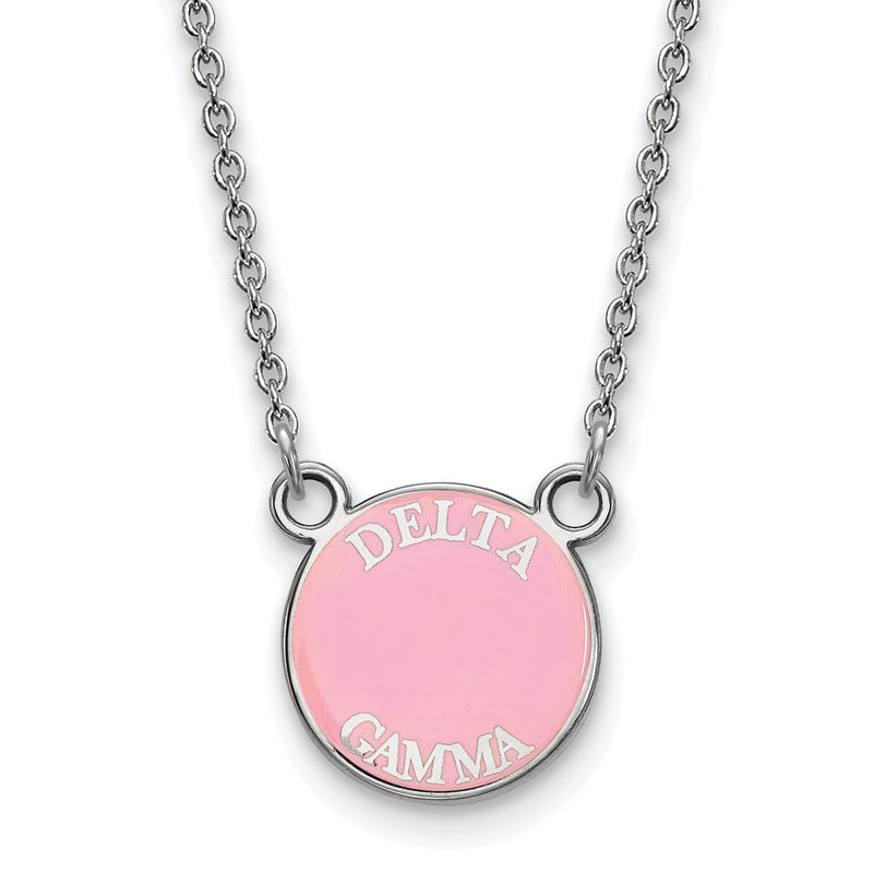 Sterlingsilber Rhodiniert Logoart Delta Gamma Sorority Text Klein Farbe Emaille Anhänger 18 Zoll Halskette