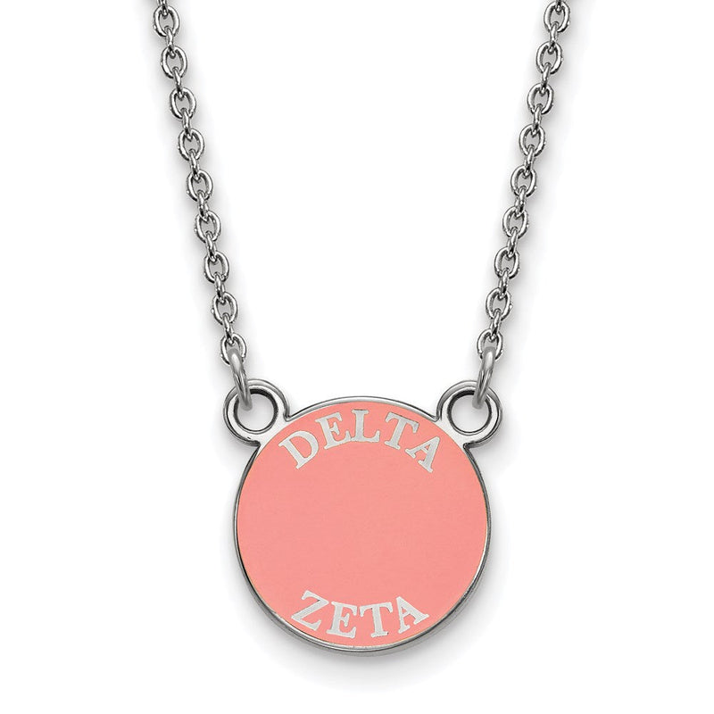 Sterlingsilber Rhodiniert Logoart Delta Zeta Sorority Text Klein Farbe Emaille Anhänger 18 Zoll Halskette