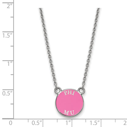 Sterlingsilber Rhodiniert Logoart Phi Mu Extra Sorority Text Klein Farbe Emaille Anhänger 18 Zoll Halskette