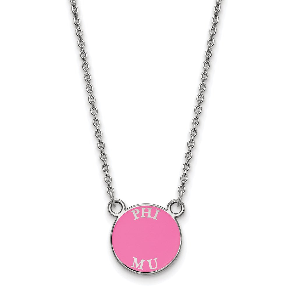 Sterlingsilber Rhodiniert Logoart Phi Mu Extra Sorority Text Klein Farbe Emaille Anhänger 18 Zoll Halskette
