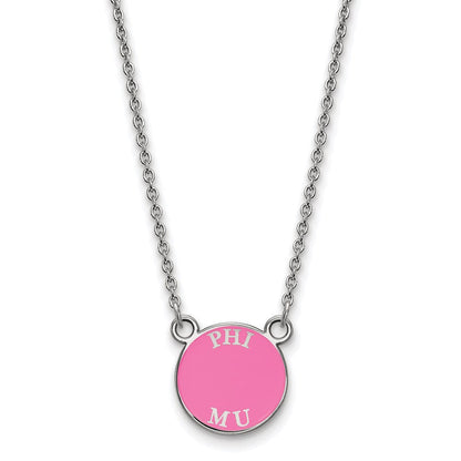 Sterlingsilber Rhodiniert Logoart Phi Mu Extra Sorority Text Klein Farbe Emaille Anhänger 18 Zoll Halskette
