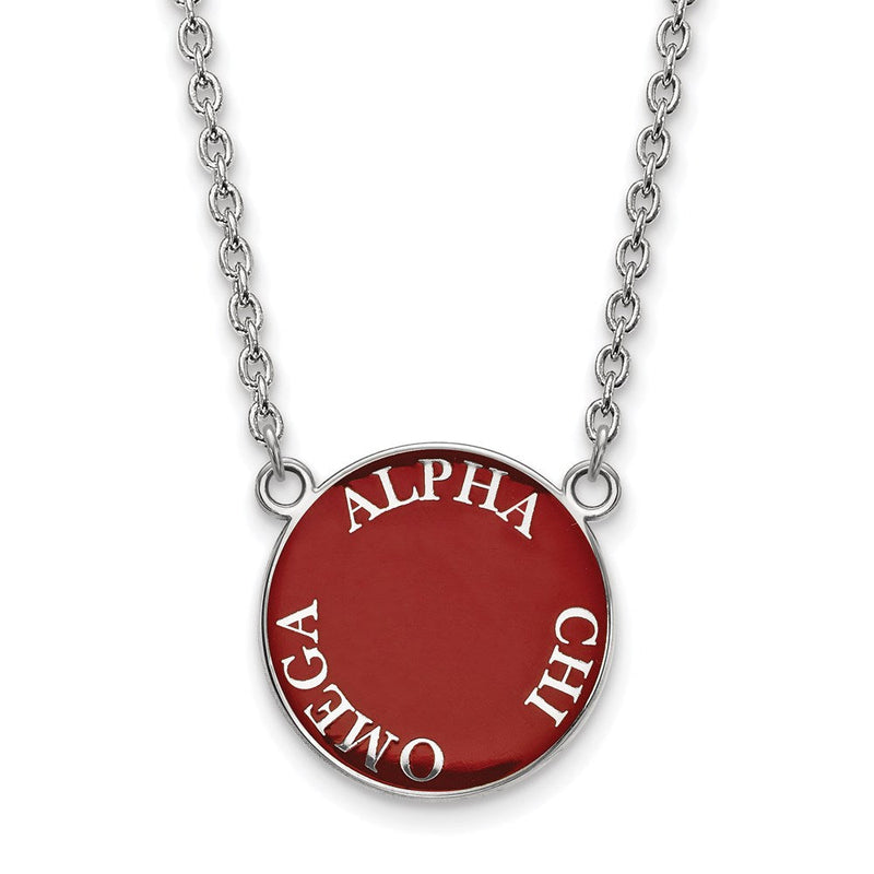 Sterlingsilber Rhodiniert Logoart Alpha Chi Omega Sorority Text Groß Farbe Emaille Anhänger 18 Zoll Halskette
