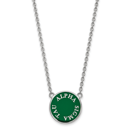 Sterlingsilber Rhodiniert Logoart Alpha Sigma Tau Sorority Text Groß Farbe Emaille Anhänger 18 Zoll Halskette