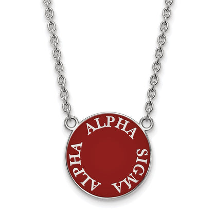 Sterlingsilber Rhodiniert Logoart Alpha Sigma Sorority Text Groß Farbe Emaille Anhänger 18 Zoll Halskette