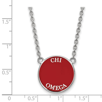 Sterlingsilber Rhodiniert Logoart Chi Omega Sorority Text Groß Farbe Emaille Anhänger 18 Zoll Halskette