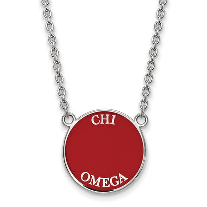 Sterlingsilber Rhodiniert Logoart Chi Omega Sorority Text Groß Farbe Emaille Anhänger 18 Zoll Halskette