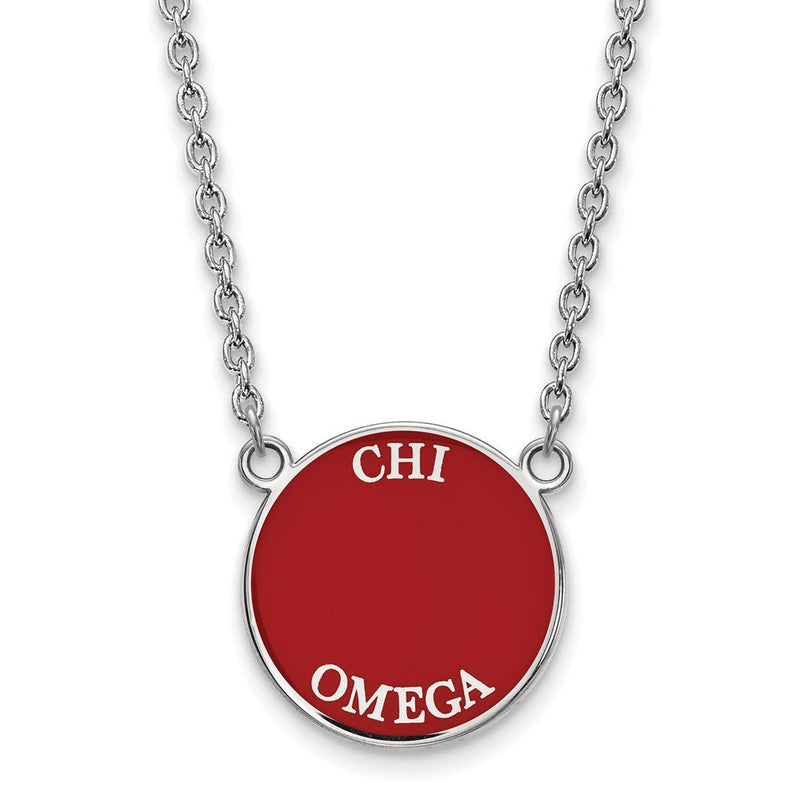 Sterlingsilber Rhodiniert Logoart Chi Omega Sorority Text Groß Farbe Emaille Anhänger 18 Zoll Halskette