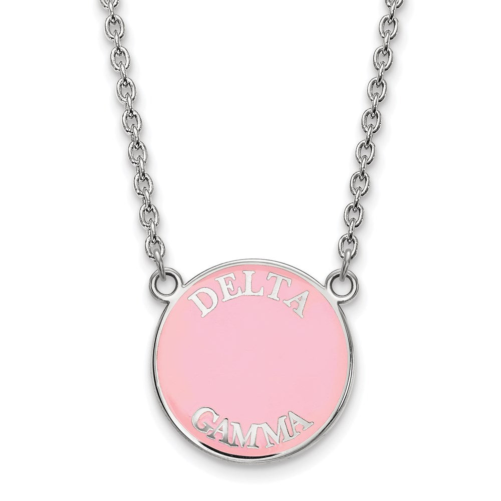 Sterlingsilber Rhodiniert Logoart Delta Gamma Sorority Text Groß Farbe Emaille Anhänger 18 Zoll Halskette