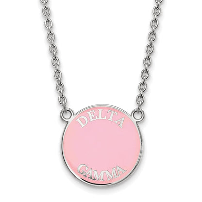 Sterlingsilber Rhodiniert Logoart Delta Gamma Sorority Text Groß Farbe Emaille Anhänger 18 Zoll Halskette