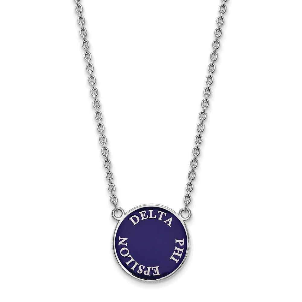 Sterlingsilber Rhodiniert Logoart Delta Phi Epsilon Sorority Text Groß Farbe Emaille Anhänger 18 Zoll Halskette