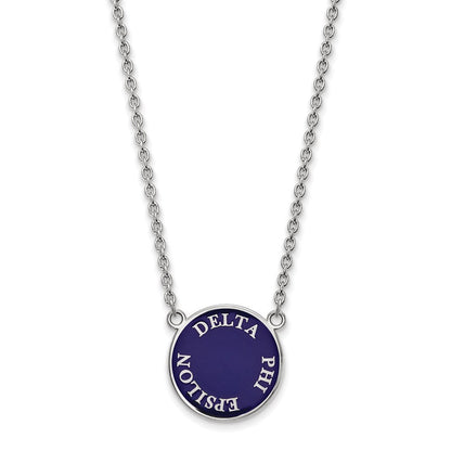 Sterlingsilber Rhodiniert Logoart Delta Phi Epsilon Sorority Text Groß Farbe Emaille Anhänger 18 Zoll Halskette