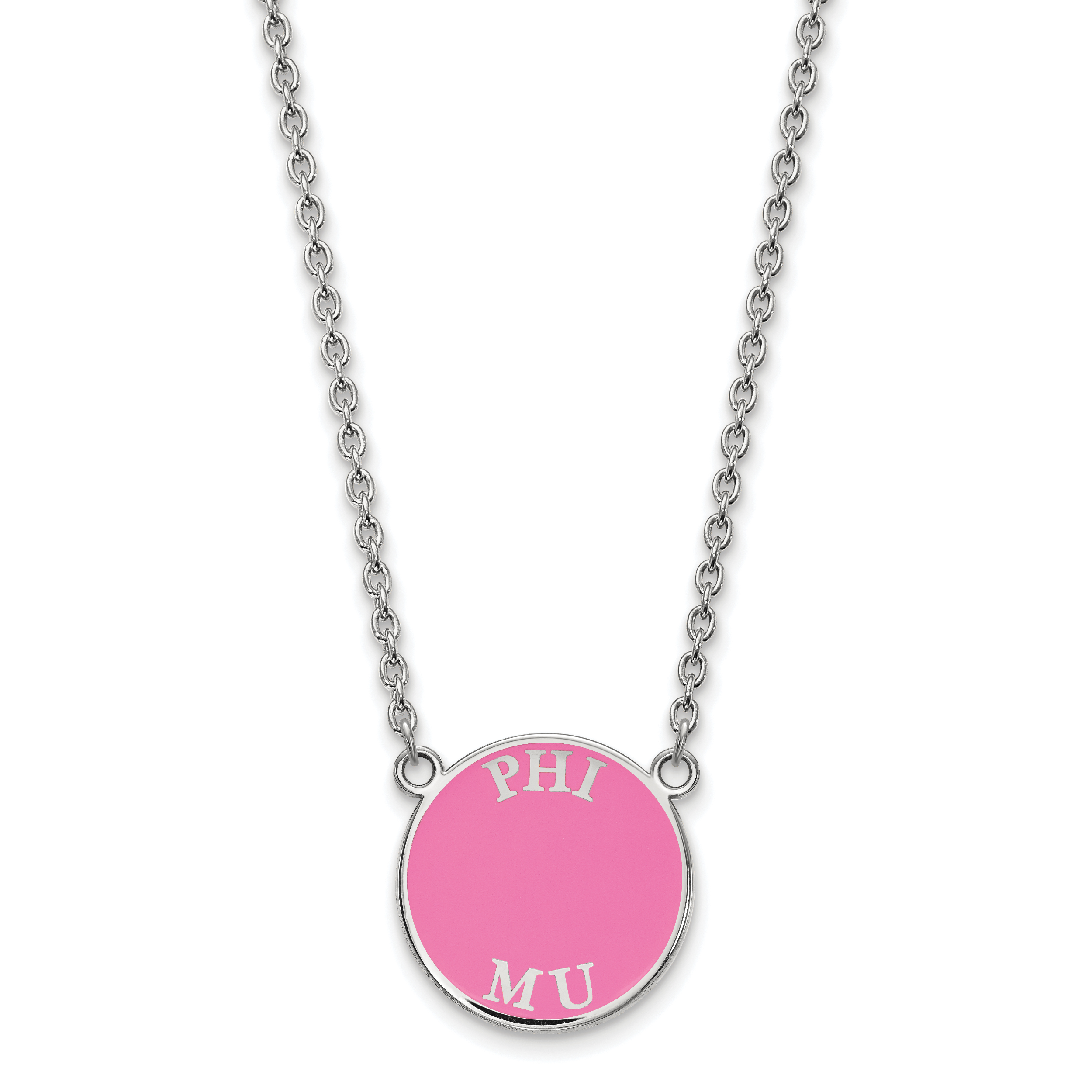 Sterlingsilber Rhodiniert Logoart Phi Mu Sorority Text Klein Farbe Emaille Anhänger 18 Zoll Halskette