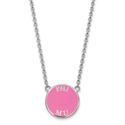 Sterlingsilber Rhodiniert Logoart Phi Mu Sorority Text Klein Farbe Emaille Anhänger 18 Zoll Halskette