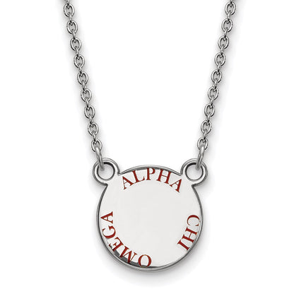 Sterlingsilber Rhodiniert Logoart Alpha Chi Omega Sorority Text Klein Farbe Emaille Anhänger 18 Zoll Halskette