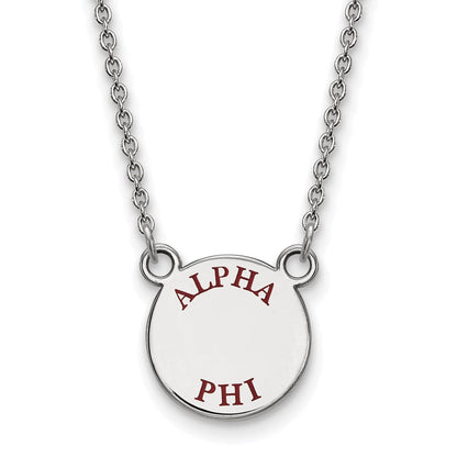 Sterlingsilber Rhodiniert Logoart Alpha Phi Sorority Text Klein Farbe Emaille Anhänger 18 Zoll Halskette