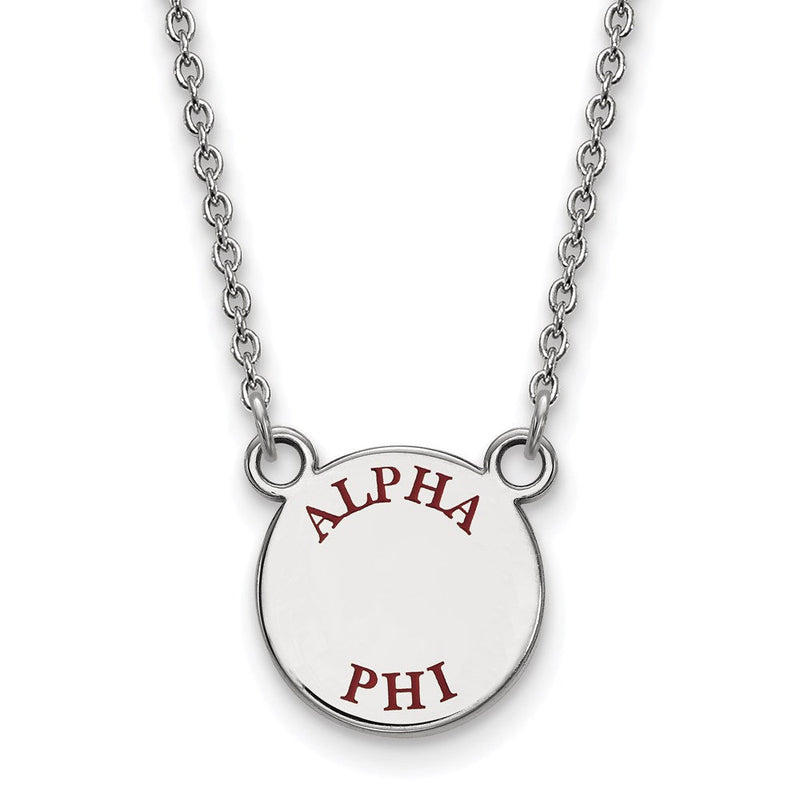 Sterlingsilber Rhodiniert Logoart Alpha Phi Sorority Text Klein Farbe Emaille Anhänger 18 Zoll Halskette