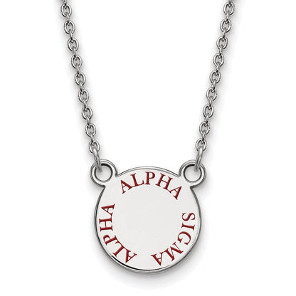 Sterlingsilber Rhodiniert Logoart Alpha Sigma Sorority Text Klein Farbe Emaille Anhänger 18 Zoll Halskette