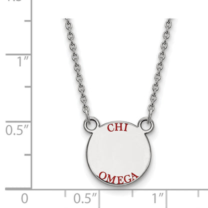 Sterlingsilber Rhodiniert Logoart Chi Omega Sorority Text Klein Farbe Emaille Anhänger 18 Zoll Halskette