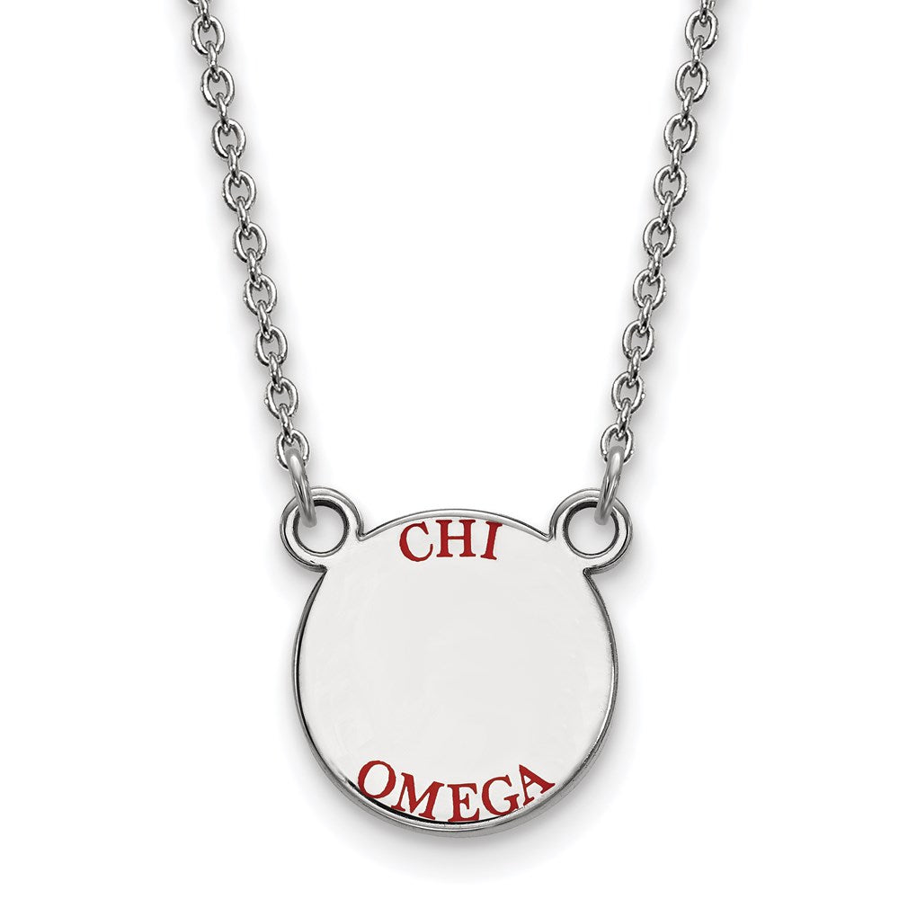 Sterlingsilber Rhodiniert Logoart Chi Omega Sorority Text Klein Farbe Emaille Anhänger 18 Zoll Halskette