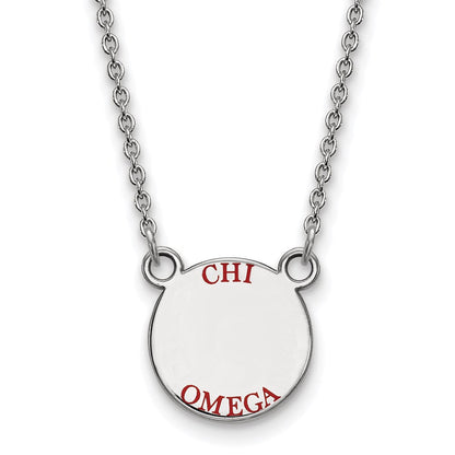 Sterlingsilber Rhodiniert Logoart Chi Omega Sorority Text Klein Farbe Emaille Anhänger 18 Zoll Halskette