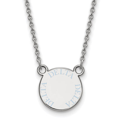 Sterlingsilber Rhodiniert Logoart Delta Sorority Text Klein Farbe Emaille Anhänger 18 Zoll Halskette