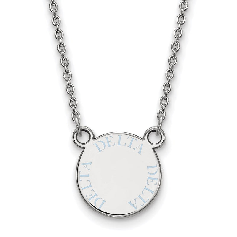 Sterlingsilber Rhodiniert Logoart Delta Sorority Text Klein Farbe Emaille Anhänger 18 Zoll Halskette