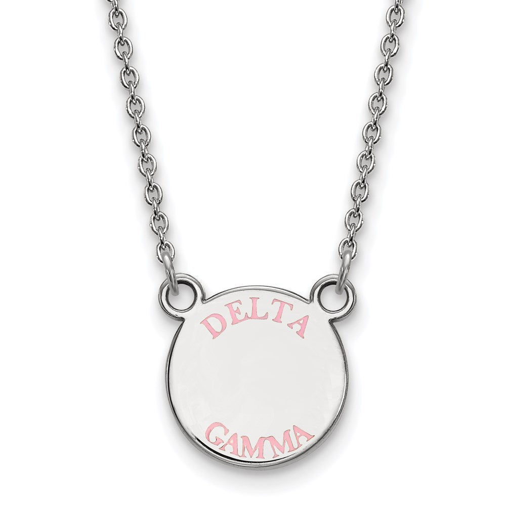 Sterlingsilber Rhodiniert Logoart Delta Gamma Sorority Text Klein Farbe Emaille Anhänger 18 Zoll Halskette