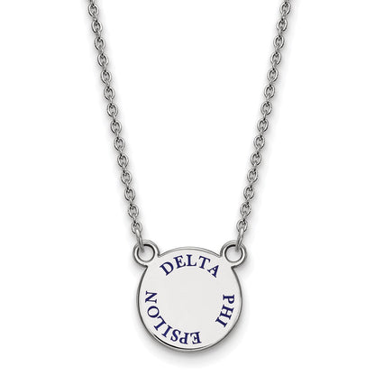 Sterlingsilber Rhodiniert Logoart Delta Phi Epsilon Sorority Text Klein Farbe Emaille Anhänger 18 Zoll Halskette