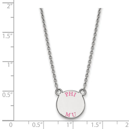 Sterlingsilber Rhodiniert Logoart Phi Mu Extra Sorority Text Klein Farbe Emaille Anhänger 18 Zoll Halskette