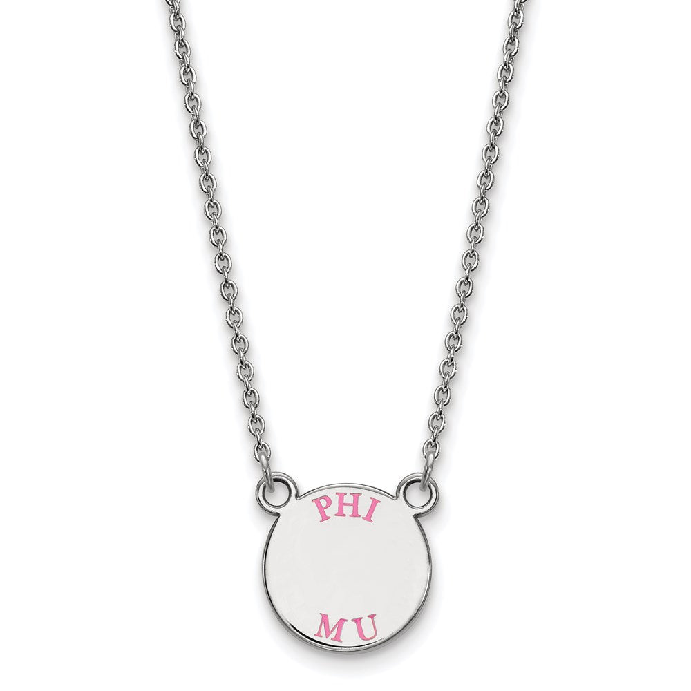 Sterlingsilber Rhodiniert Logoart Phi Mu Extra Sorority Text Klein Farbe Emaille Anhänger 18 Zoll Halskette