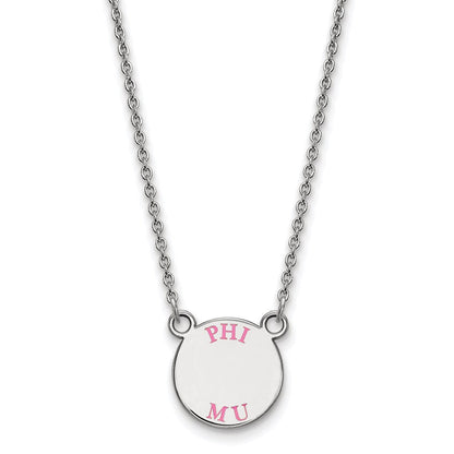 Sterlingsilber Rhodiniert Logoart Phi Mu Extra Sorority Text Klein Farbe Emaille Anhänger 18 Zoll Halskette