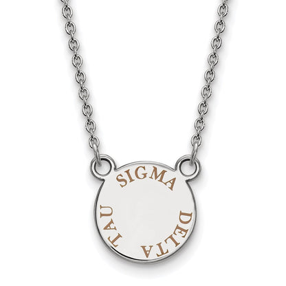Sterlingsilber Rhodiniert Logoart Sigma Delta Tau Sorority Text Klein Farbe Emaille Anhänger 18 Zoll Halskette