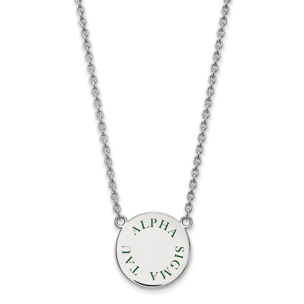 Sterlingsilber Rhodiniert Logoart Alpha Sigma Tau Sorority Text Groß Farbe Emaille Anhänger 18 Zoll Halskette