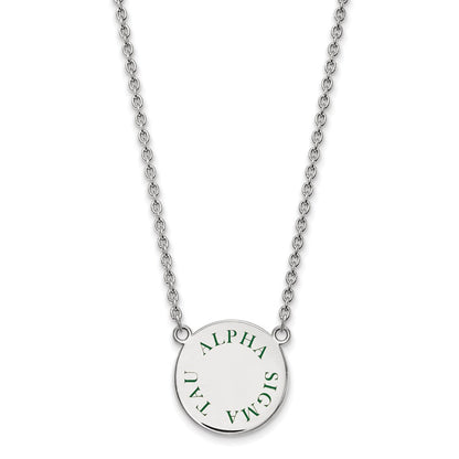Sterlingsilber Rhodiniert Logoart Alpha Sigma Tau Sorority Text Groß Farbe Emaille Anhänger 18 Zoll Halskette