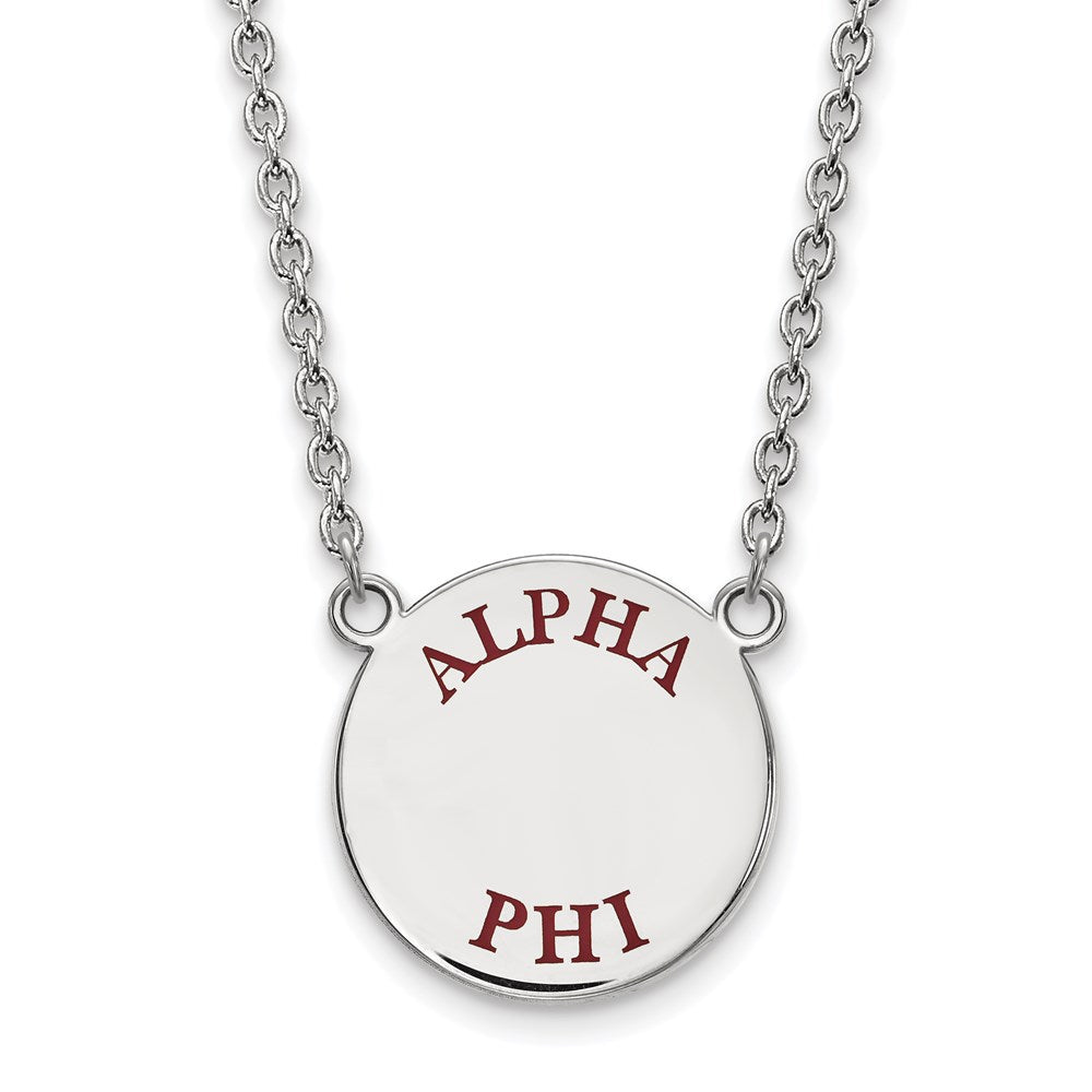 Sterlingsilber Rhodiniert Logoart Alpha Phi Sorority Text Groß Farbe Emaille Anhänger 18 Zoll Halskette