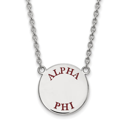 Sterlingsilber Rhodiniert Logoart Alpha Phi Sorority Text Groß Farbe Emaille Anhänger 18 Zoll Halskette