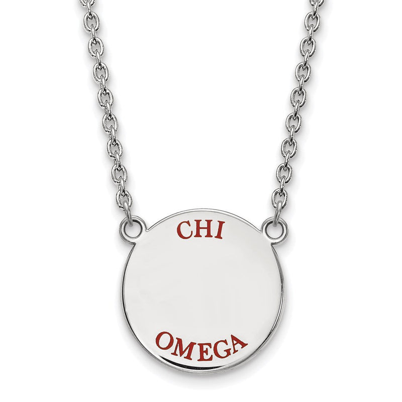 Sterlingsilber Rhodiniert Logoart Chi Omega Sorority Text Groß Farbe Emaille Anhänger 18 Zoll Halskette