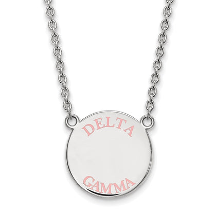 Sterlingsilber Rhodiniert Logoart Delta Gamma Sorority Text Groß Farbe Emaille Anhänger 18 Zoll Halskette