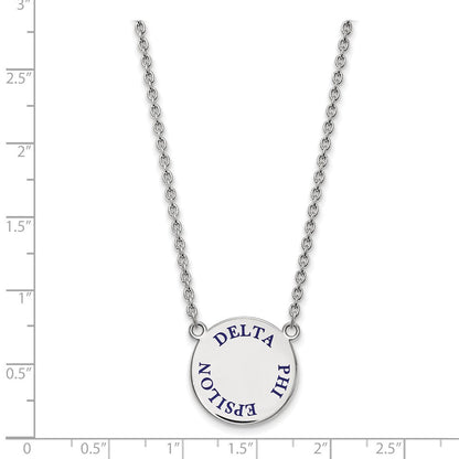 Sterlingsilber Rhodiniert Logoart Delta Phi Epsilon Sorority Text Groß Farbe Emaille Anhänger 18 Zoll Halskette