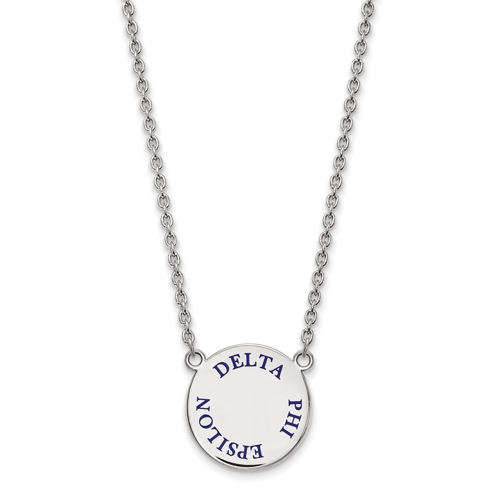Sterlingsilber Rhodiniert Logoart Delta Phi Epsilon Sorority Text Groß Farbe Emaille Anhänger 18 Zoll Halskette