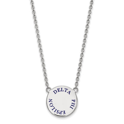 Sterlingsilber Rhodiniert Logoart Delta Phi Epsilon Sorority Text Groß Farbe Emaille Anhänger 18 Zoll Halskette