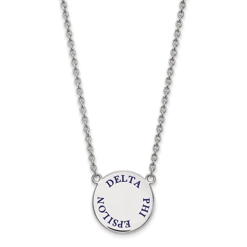 Sterlingsilber Rhodiniert Logoart Delta Phi Epsilon Sorority Text Groß Farbe Emaille Anhänger 18 Zoll Halskette
